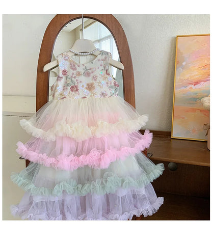 Vestido Regata para Meninas Verão 2025 Novo Vestido Elegante de Malha com Babados para Meninas Vestido Princesa Roupa Infantil de Fada