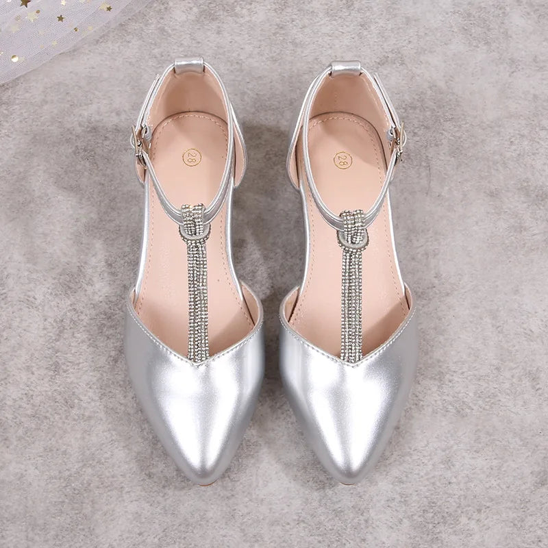 Children's Thick Heel Sandals Summer New Pointed-toe Girls' Crystal Princess Shoes Fashion Children's High-heeled Leather Shoes