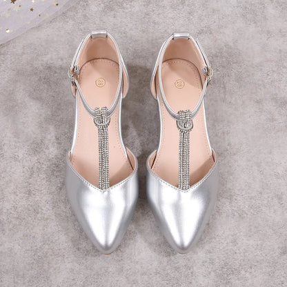 Children's Thick Heel Sandals Summer New Pointed-toe Girls' Crystal Princess Shoes Fashion Children's High-heeled Leather Shoes