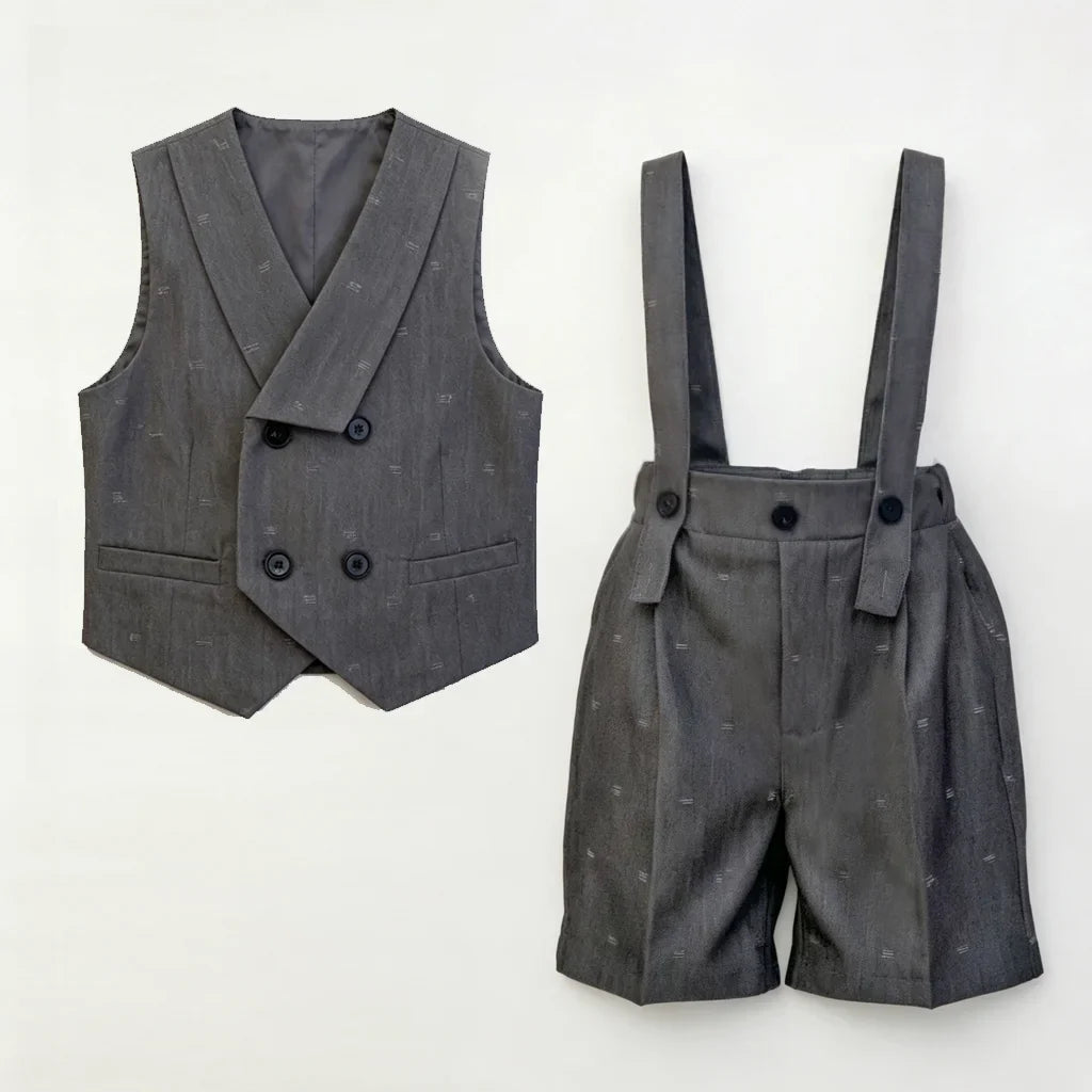 Kids Boys Formal Suit Set Denim Gray Vest Shorts Bowtie 3PCS Wedding Birthday Party Gentleman Outfit for Toddler 1-8Yrs Clothes