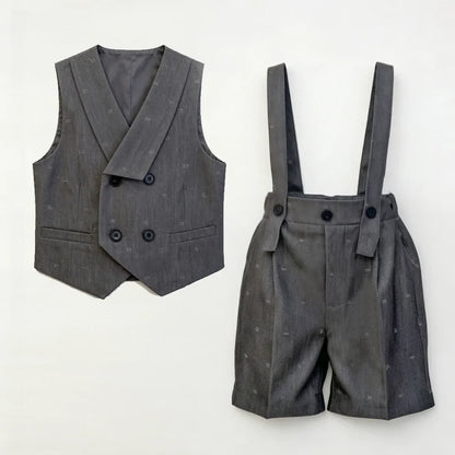 Kids Boys Formal Suit Set Denim Gray Vest Shorts Bowtie 3PCS Wedding Birthday Party Gentleman Outfit for Toddler 1-8Yrs Clothes