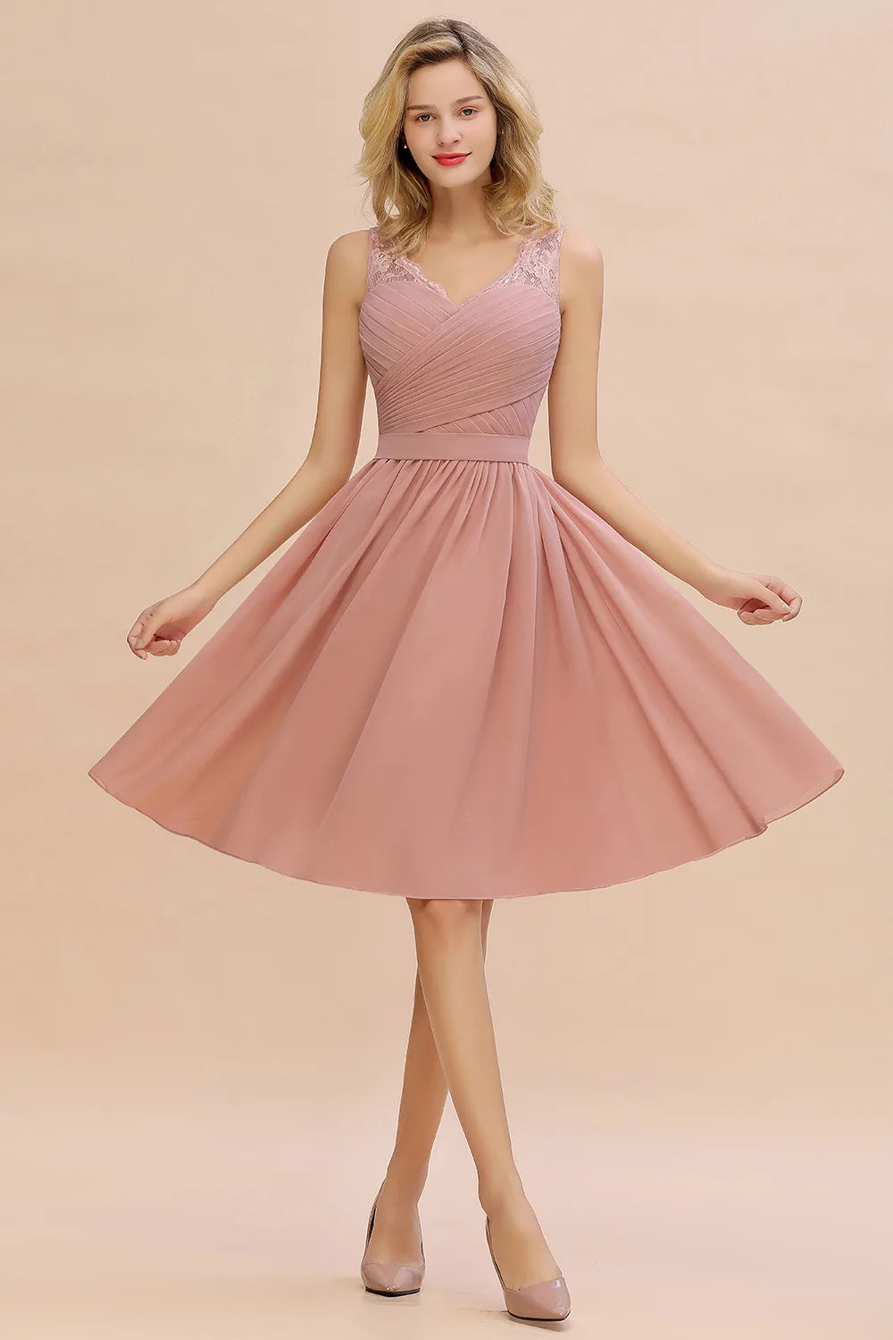 Dusty Rose Chiffon Lace Bridesmaid Dresses Pleat V Neck Short Formal Wedding Evening Party Prom Gown For Bride Cocktail Vestidos