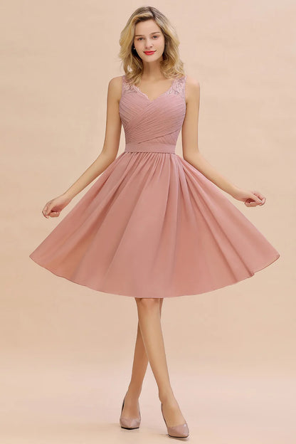 Dusty Rose Chiffon Lace Bridesmaid Dresses Pleat V Neck Short Formal Wedding Evening Party Prom Gown For Bride Cocktail Vestidos