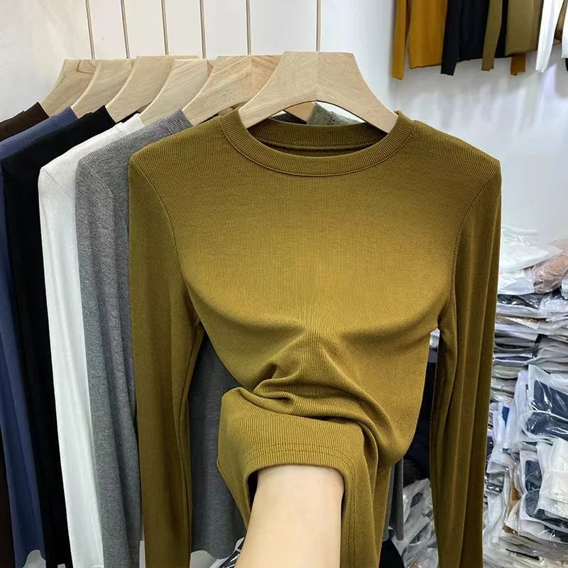 Outono Escritório Senhora Básica Gola Redonda Slim T-Shirt Feminina Cor Sólida Multicor Tendência Versátil Casual Top Manga Longa Elástico Canelado