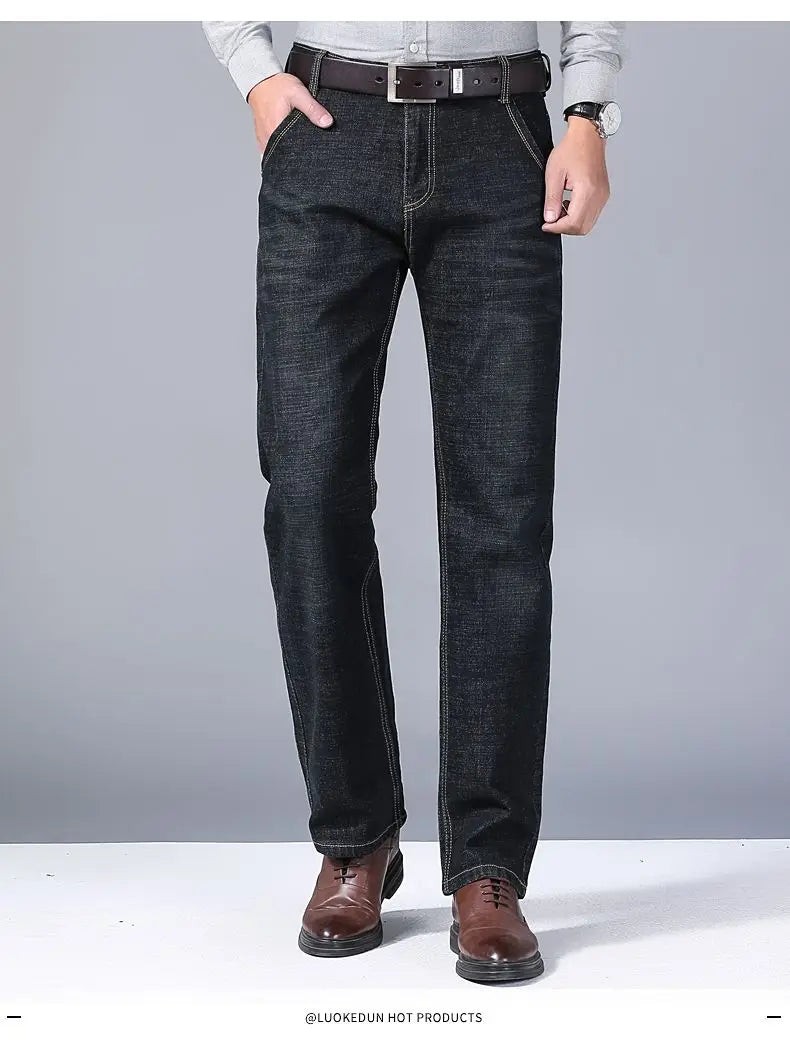 Autumn Spring Business Jeans Men Casual Comfortable Straight Denim Pant Stretch Fashion Classic Soft Premium Blue Black Trousers