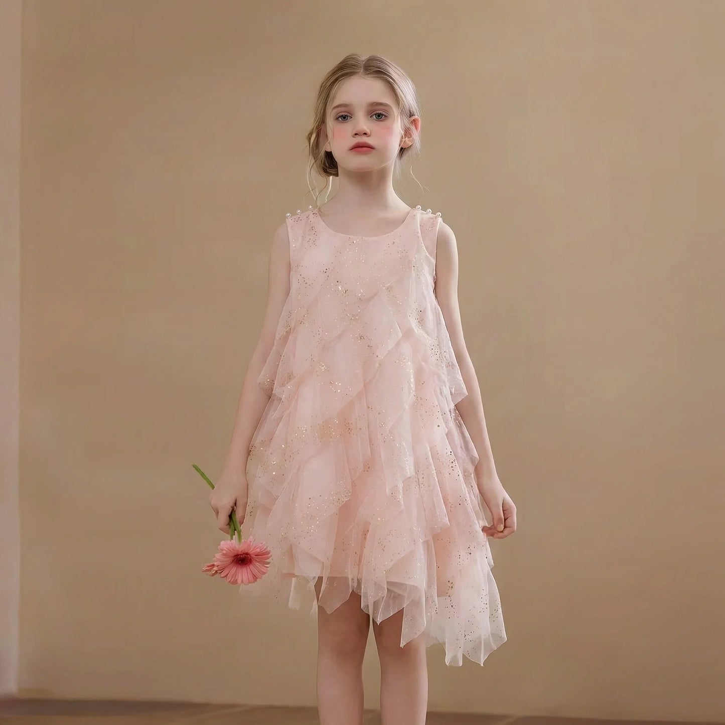 2026 Girls Pink Ruffle Tulle Dress Princess Sequin Layered Party Dress Kids Sleeveless Mesh Summer Vestidos Children Casual Gown