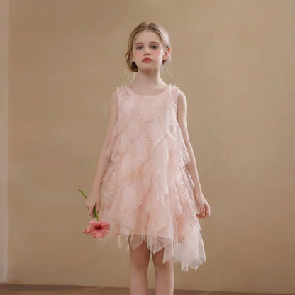 2026 Girls Pink Ruffle Tulle Dress Princess Sequin Layered Party Dress Kids Sleeveless Mesh Summer Vestidos Children Casual Gown