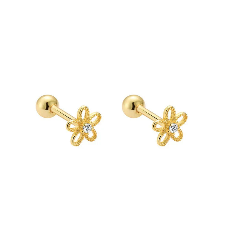 925 Sterling Silver Fashion Simple Golden Flower Beads Small Stud Earrings for Women Teen Piercing Jewelry Accessories