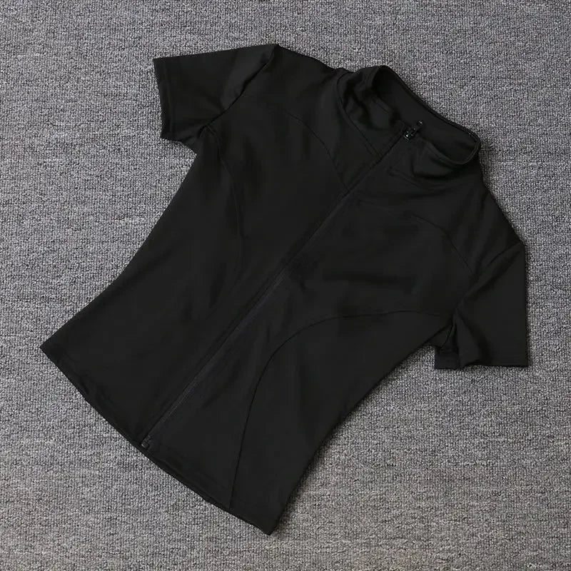 Summer High Quality Waist Slimming Training Tops Women's Quick-drying Tight Stand Collar Full Zipper Short Sleeves Yoga shirts