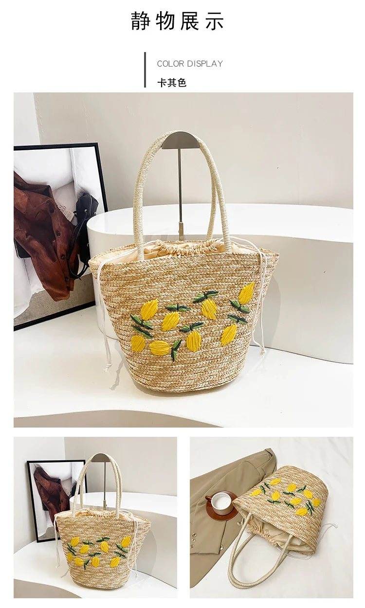 Embroidery Fruit Solid Color Shoulder Bag Straw Woven Hollow Versatile 2025 High Quality Bags for Women New Beach Handbags