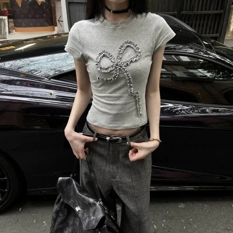 2026 Summer Kawaii Sweet Y2k Crop Tops Woman Casual Slim Long Sleeve Blouse Solid Korean Fashion Bodycon Pullover Office Lady