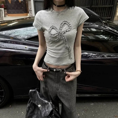 2026 Summer Kawaii Sweet Y2k Crop Tops Woman Casual Slim Long Sleeve Blouse Solid Korean Fashion Bodycon Pullover Office Lady