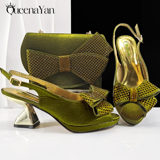 2025 New Rhinestone Design African Shoes & Bag Set in Olive  Open Toe Comfortable Women's High Heels Hot Sale on Instagram
