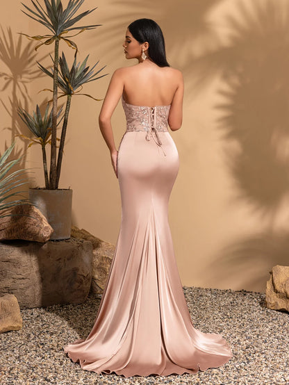 Strapless fishbone decoration pleated slit satin mermaid dress, elegant and chic dress