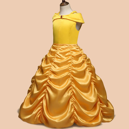 Girls Cosplay Belle Princess Dress for Kids Beauty and The Beast Costumes Children Birthday Party with Flower Clothes