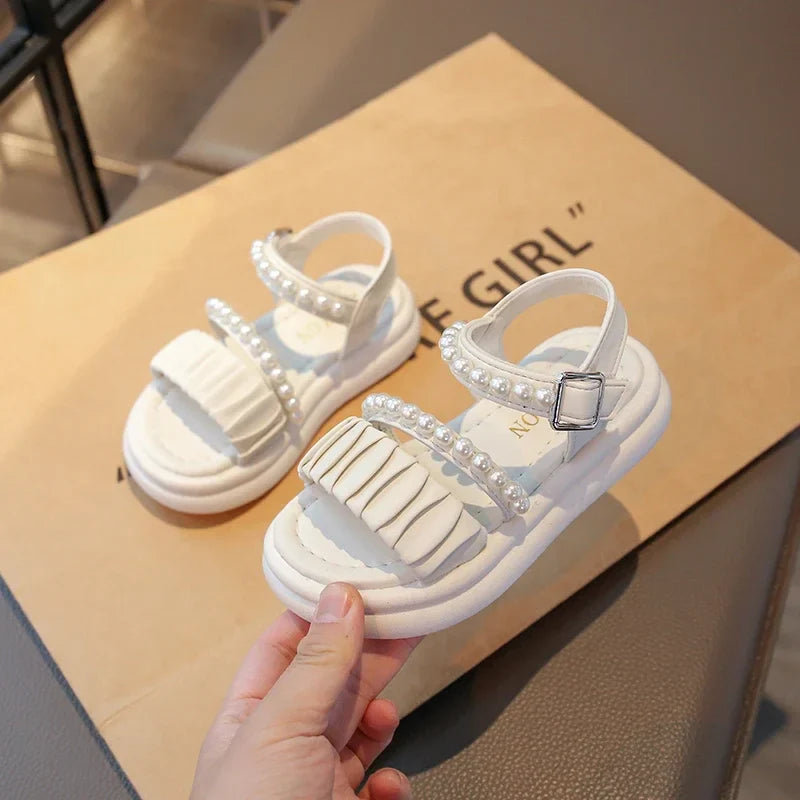 Girls Sandals Pleated Ins Trendy Kids Princess Shoes Beads Sweet Soft Sole 2025 Summer New Children Beach Shoes Open Toes Cute