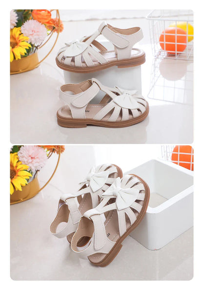 Cute Girls Sandals Bow Peep-toe 2023 New Soft Hook & Loop Beige Kids Princess Shoes Casual Shoes PU Cute Children Shoes Non-slip