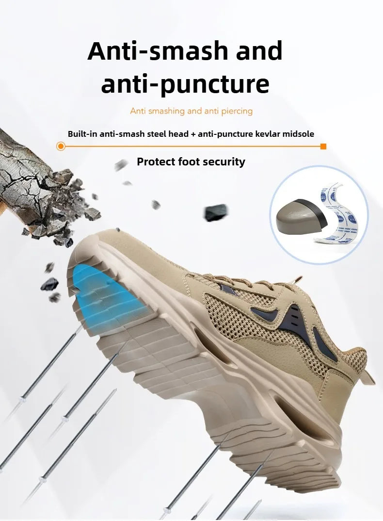 Summer Safety Shoes Anti-puncture Khaki Lightweight Breathable Men's Safety boots Durable Impact Resistant Work Sneaker