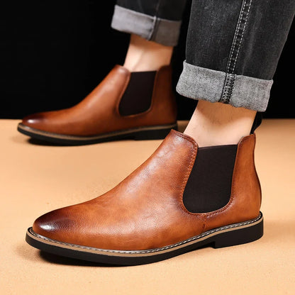 39~47 Men Chelsea Boots Brand Retro Comfortable PU Leather Ankle Boots Men 2025 Fashion Black Brown Mens Boots