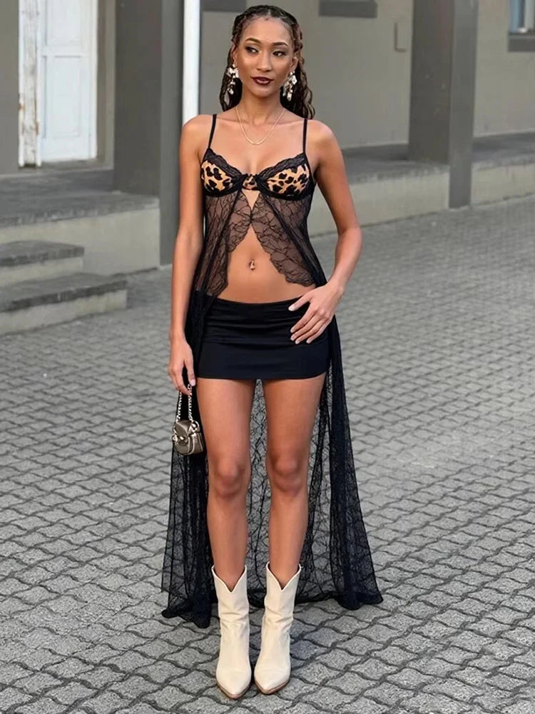 Backless Sexy Women Camisole Leopard Mesh Patchwork Ruffles Sexy Club Party Midnight Hot Girls Wild Coquette Maxi Top
