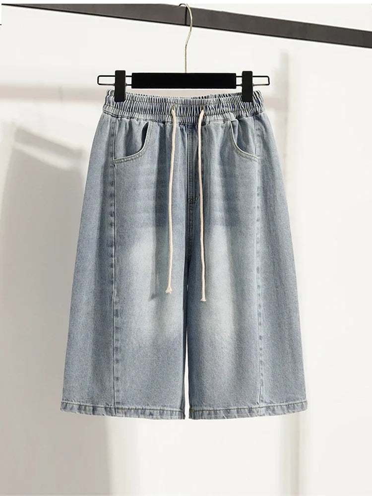 Casual Plus Size Denim Shorts Woman Boyfriend Loose Wide Leg Jeans Short Pants Midi Bermudas Elastic High Waisted Shorts Women