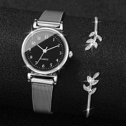 2PCS Fashion Women Quartz Watch Steel Mesh Band Watches Opening Cuff Bracelet Bangle Set（Without Box）