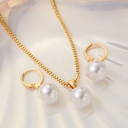 3 Pcs/Set Round Pearl Pendant Necklace For Women Exquisite Fashion Rhinestone Double  Earring Wedding Jewelry Set Gift