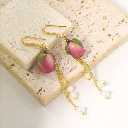 Natural Freshwater Pearl Enamel Resin Flower Earrings Korean Style Women's Luxury Vintage Jewelry Fashion Ladies and Girls Gift