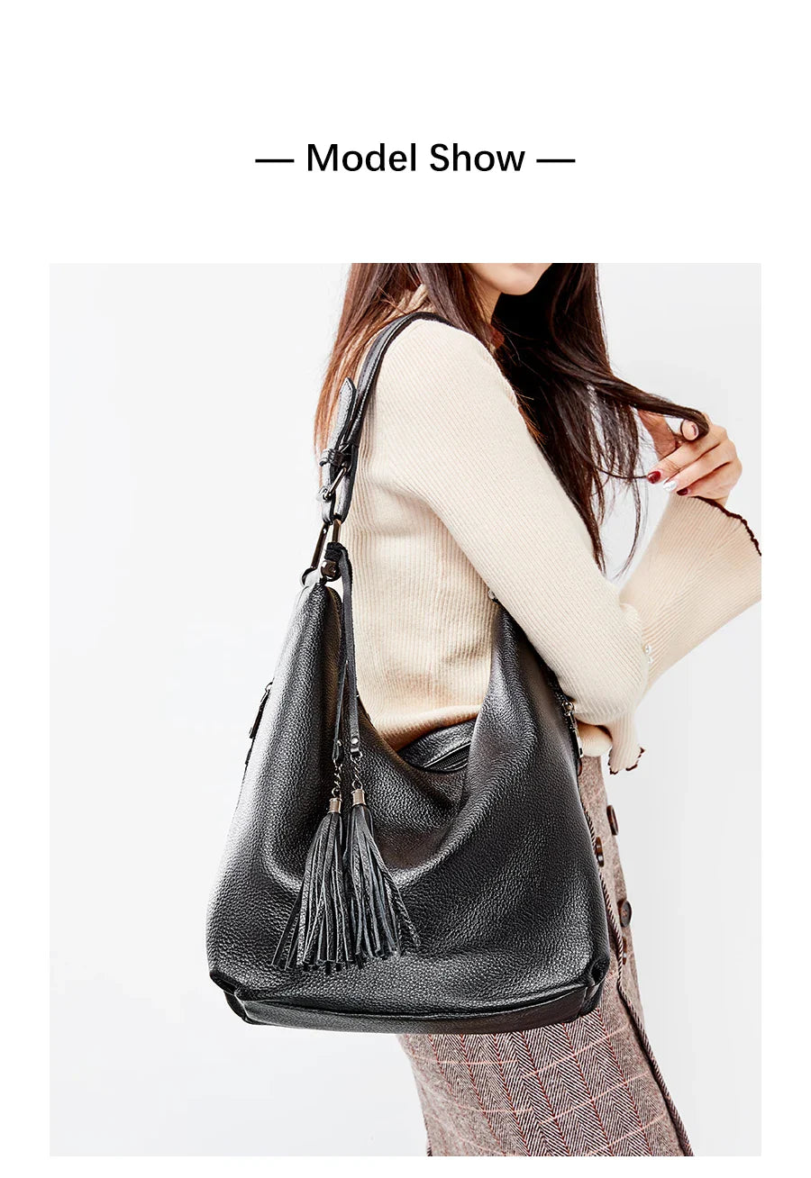 Fashion Tassel Women Shoulder Bag 100% Genuine Leather Daily Shopping Hobos Classic Large Red Tote Handbag Crossbody Bag