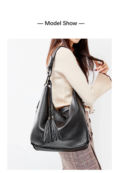 Fashion Tassel Women Shoulder Bag 100% Genuine Leather Daily Shopping Hobos Classic Large Red Tote Handbag Crossbody Bag