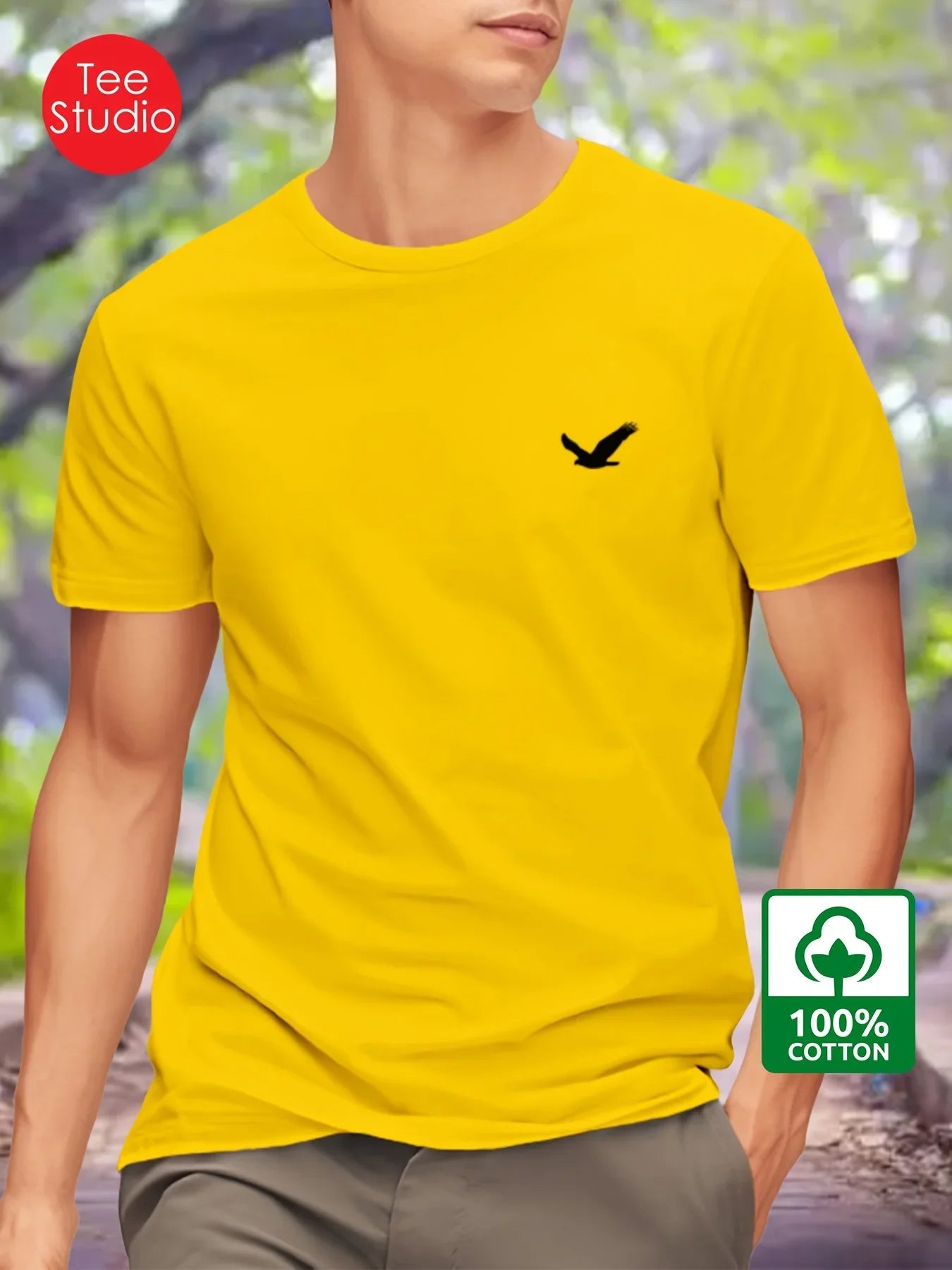 Men's Summer 100% Cotton Eagle Graphic Printed Fashion Sports and Leisure Loose Round Neck Short Sleeve T-shirt Top