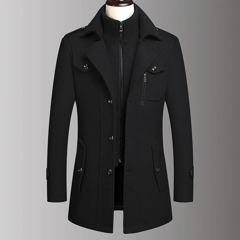 Sobretudo Masculino de Lã com Colarinho Duplo Moda Outono Inverno Estilo de Negócios Elegante Casaco de Lã Masculino de Meia-idade de Alta Qualidade