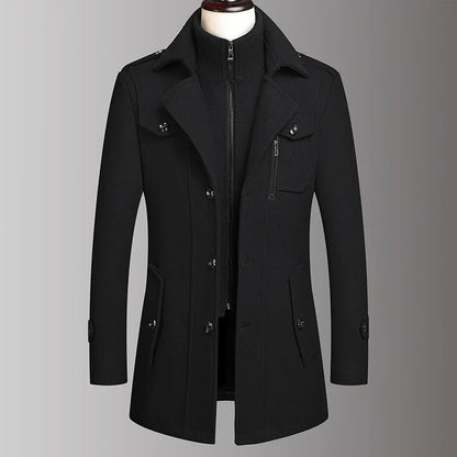 Sobretudo Masculino de Lã com Colarinho Duplo Moda Outono Inverno Estilo de Negócios Elegante Casaco de Lã Masculino de Meia-idade de Alta Qualidade