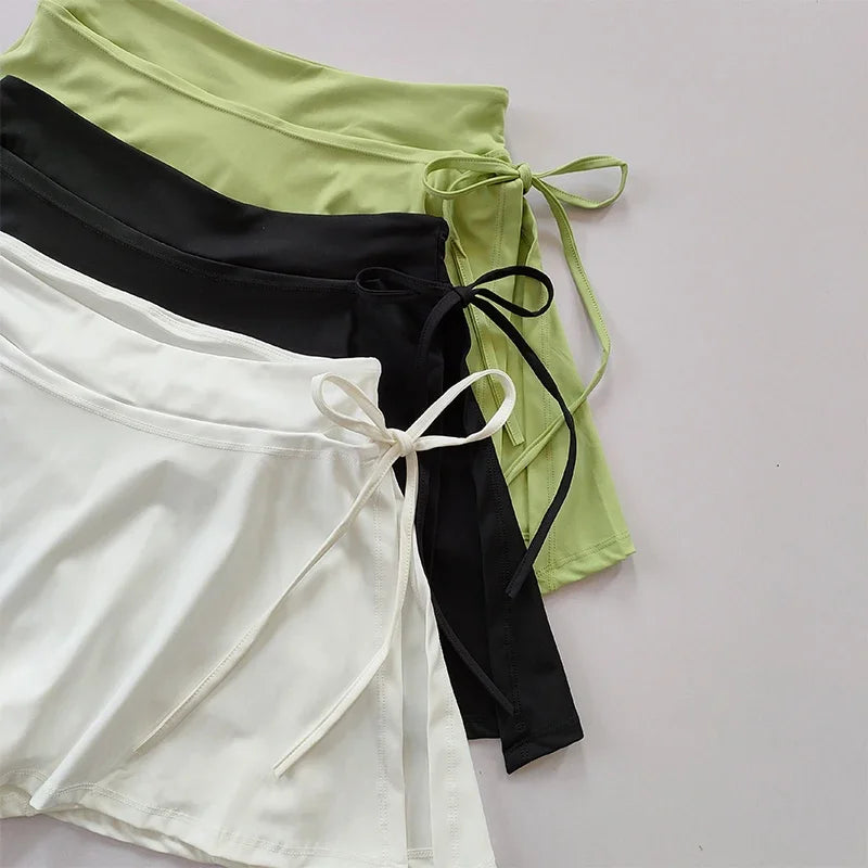 Solid Patchwork Sports Casual Short Skirt Women Lace Up Slit Yoga Dance Mini Skirt Summer Fashions Badminton Tennis Skirt