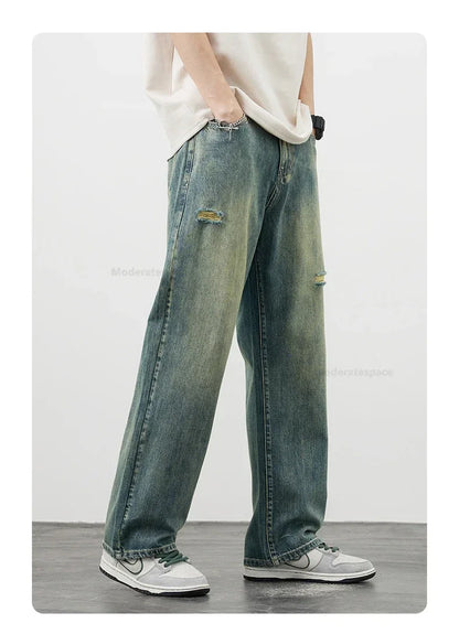 Korea Baggy Cargo Jeans Men Vintage Straight Ripped Y2k Pants Fashion Frayed High Street Distressed Denim Trousers Male Clothes