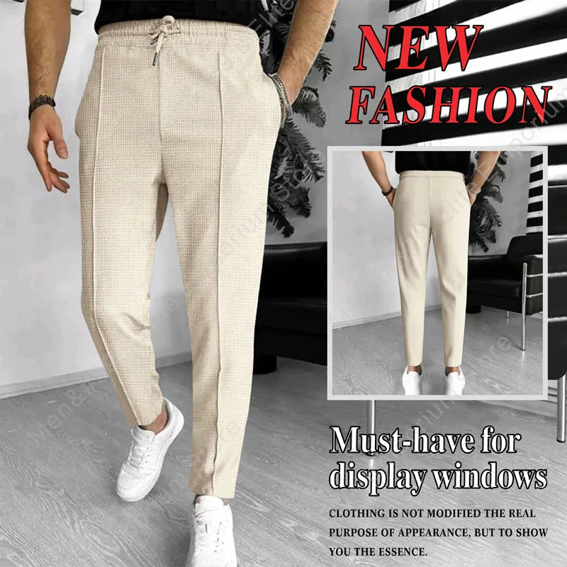 Mens Stylish Waffle Pants - Casual Sports Slim Fit with Adjustable Drawstring Secure Pockets for All Seasons - Perfect Outdoor