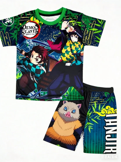 Demon Slayer Kids T-shirt Shorts Set  Anime Kimetsu Tanjiro Rengoku Zenitsu Print BoysGirls Casual Summer Outfit 2Pcs Sportswear