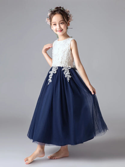 Flower Girl Dresses for 6 Year Olds Navy Blue Young Girl Dresses Ankle-Length Ball Gown