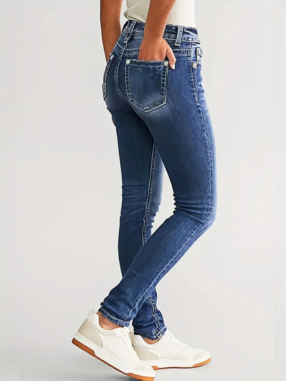 Women's dark blue slim fit elastic low waist classic style fashionable women's denim trousers