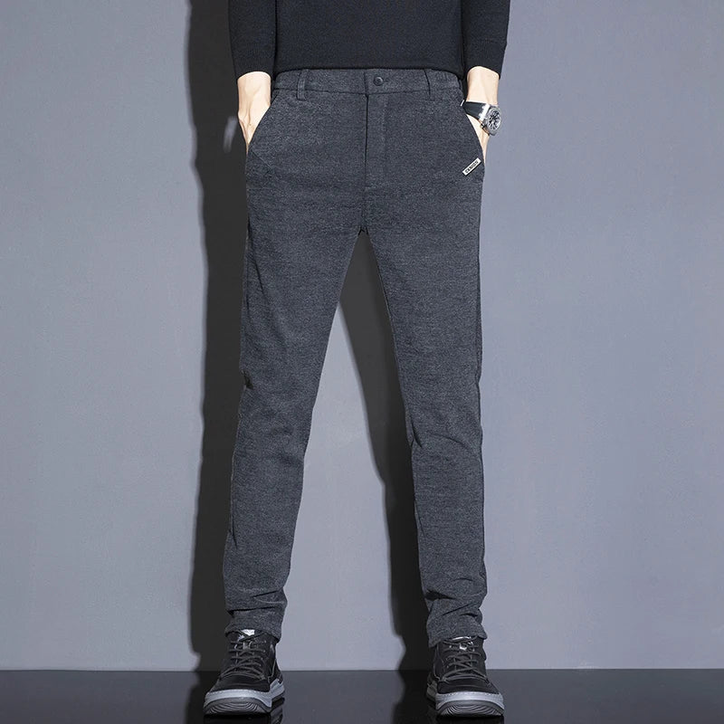 Men's Solid Straight Casual Pants Autumn Woolen Slim Fit Office Pants Vintage Elastic Waist Youth Trousers Everyday Wear