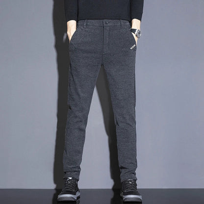 Men's Solid Straight Casual Pants Autumn Woolen Slim Fit Office Pants Vintage Elastic Waist Youth Trousers Everyday Wear