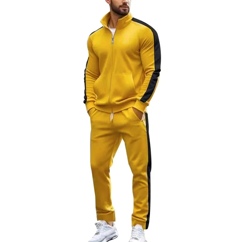2025 Spring Autumn Men's 2-Piece Set Color Blocking Zipper Stand Collar Casual Sports Jacket Sweatshirt Trousers Suit