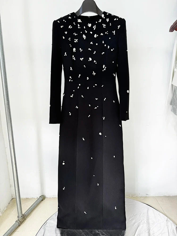 Designer Fashion Women's Rhinestone Diamonds Beaded Long Maxi Dress