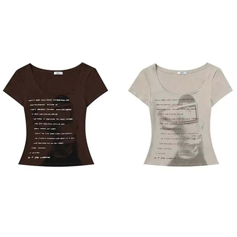 Summer Women Retro Sweet Spicy Skinny Tops Lady Bean Green Casual T-Shirts Girls Letter Portrait Print Short Sleeve Clothes