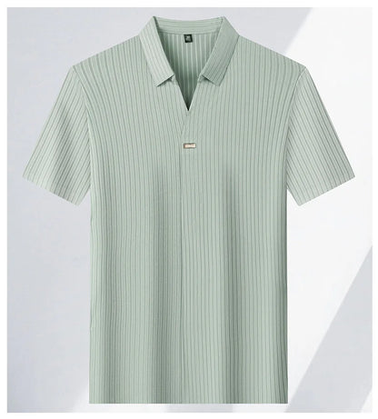 High quality personality texture stripe short sleeve polo shirt summer ice silk breathable buttonless men's solid color T-shirt