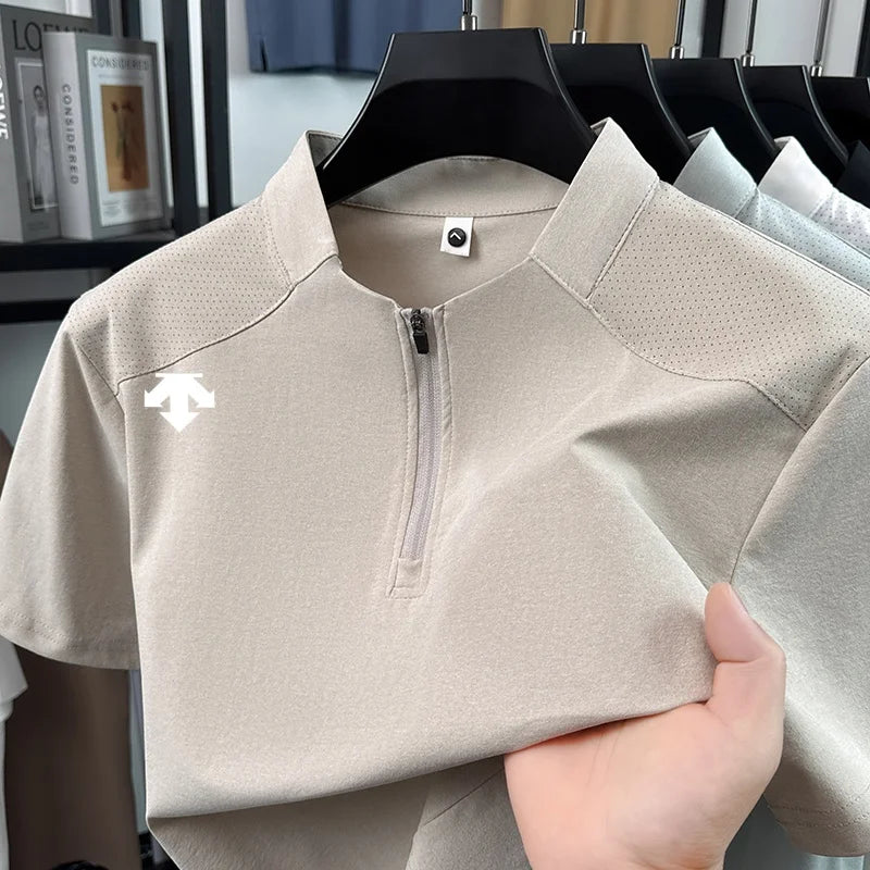 original spring men's Short sleeves polo shirt stand collar minimalist exercise t-shirt fashion leisure Mesh breathable men wear