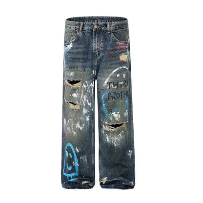 New street graffiti ripped painted jeans for men, straight-leg, loose, wide-leg, trendy brand, stylish high-end