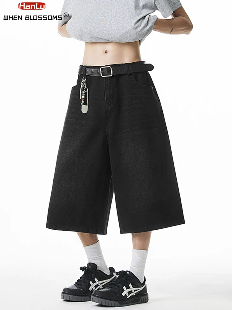2025 Summer Men's Wide Leg Jeans Shorts Vintage Distressed Wash Y2K Straight Elastic Waist Loose Casual Relaxed Fit