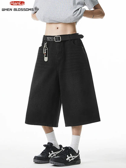2025 Summer Men's Wide Leg Jeans Shorts Vintage Distressed Wash Y2K Straight Elastic Waist Loose Casual Relaxed Fit