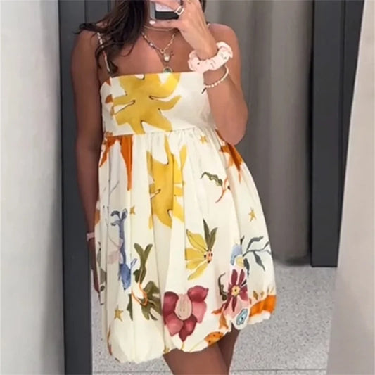 Print Slip Mini Dress Women Sleeveless Summer Dress Woman 2025 Ruched Sundress Vestidos Backless Short Dresses for Women